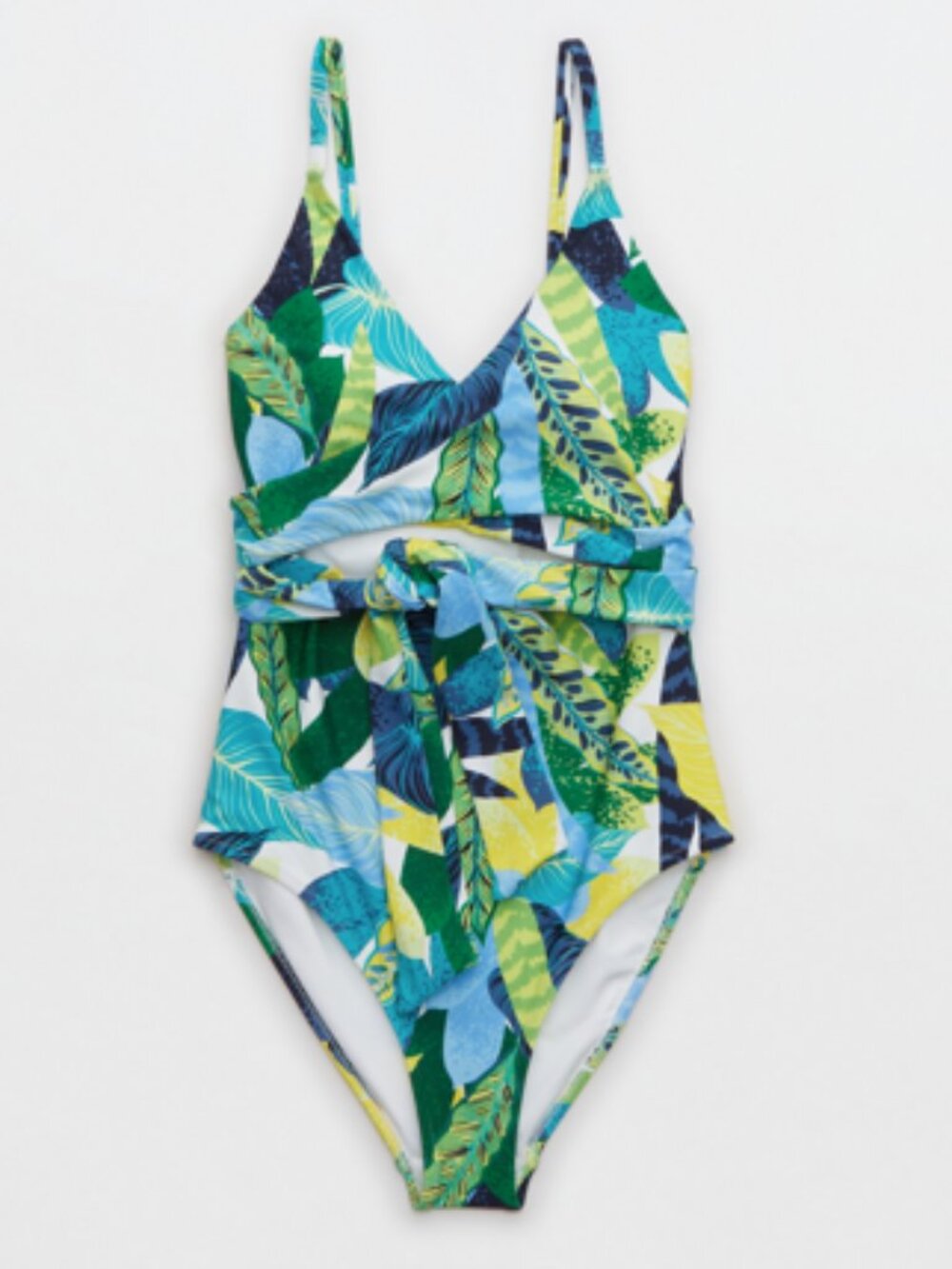 Aerie Wrap One Piece Swimsuit - Green, Teal Yellow Patterned